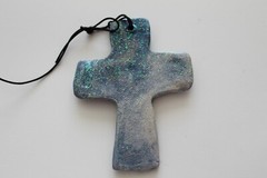 Cross – Handmade Blue & Silver Ceramic Cross with Blue Rhinestone and Glitter #4