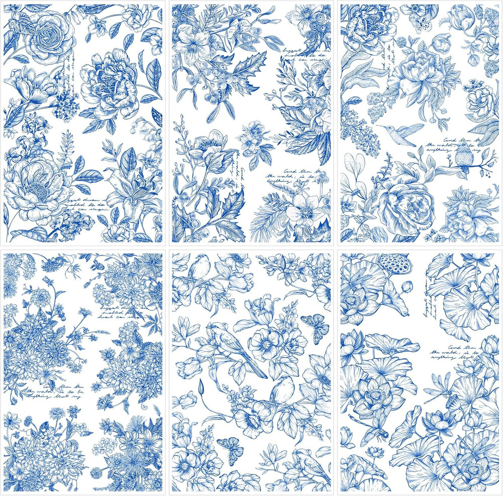 Blue Flower Rub on Transfers for Crafts – 6 Sheets Vintage Floral Rub on Transfe