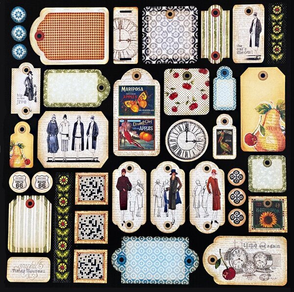 Graphic 45, Times Nouveau, Die-Cut Tags, Fashion, Roaring 20’s, Cardstock 12″