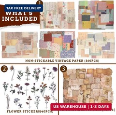 GNILLKO 445 PCS Vintage Scrapbook Paper Journaling Scrapbooking Supplies Kit Aes