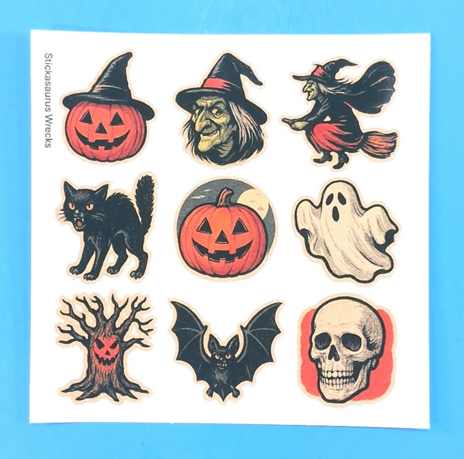 Vintage Style Halloween Sticker Sheet Haunted Tree Witches Skull Ghost Cat Bat
