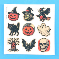 Vintage Style Halloween Sticker Sheet Haunted Tree Witches Skull Ghost Cat Bat