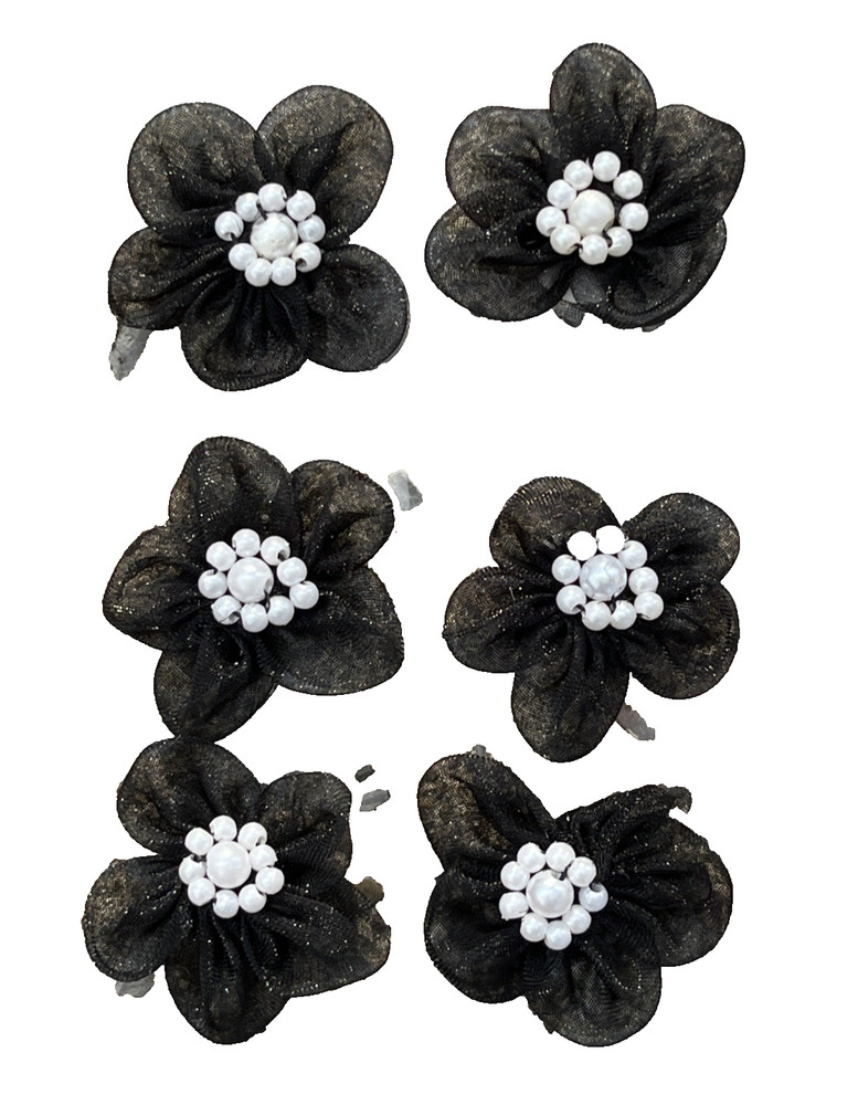 12 Black 3/4 inch 5 Petal Sheer Flower with Pearl Accessory
