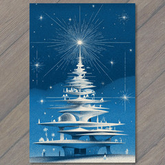 STICKER Futuristic Christmas Tree Starburst Sky Blue White Retro Sci Fi Style