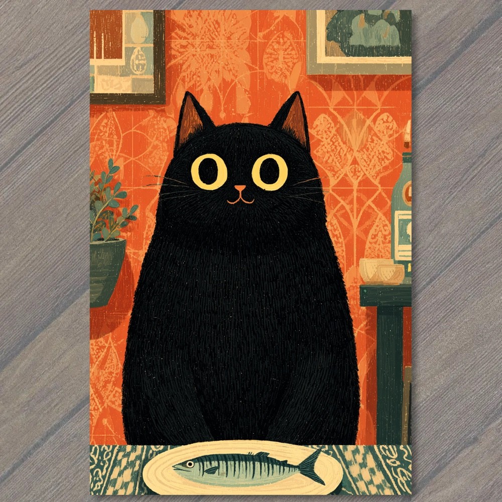 STICKER Black Cat Fish Plate Orange Kitchen Mid Century Whimsy Folk Cat