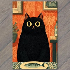 STICKER Black Cat Fish Plate Orange Kitchen Mid Century Whimsy Folk Cat