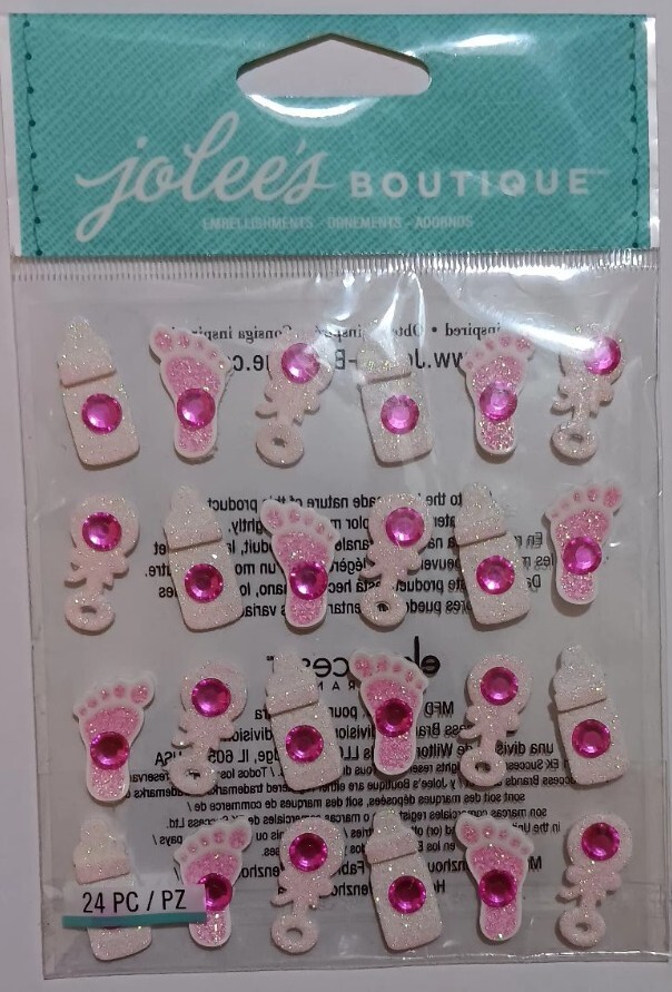 Jolees Boutique Embellishment Baby Girl Icon Repeat Pink Bottle Rattle footprint