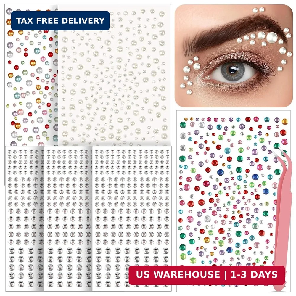1630Pcs Face Gems Stickers – 3/4/5/6 mm DIY Self-Adhesive Rhinestones & Pearls,