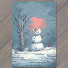 STICKER Surreal Horror Snowman With Eyeball Head Creepy Cold Winter Christmas
