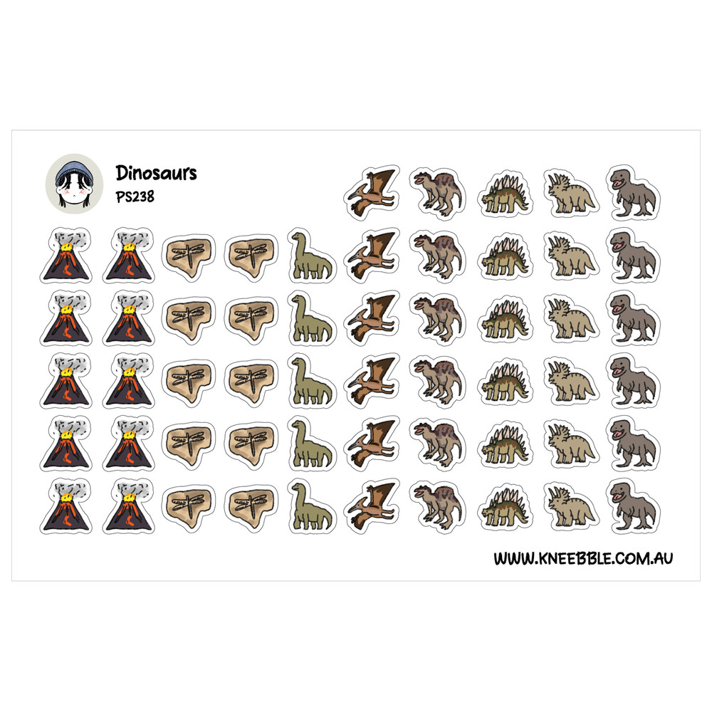 Dinosaur Themed Planner Stickers – T Rex, Fossils, Triceratops, Stegosaurus, Pte