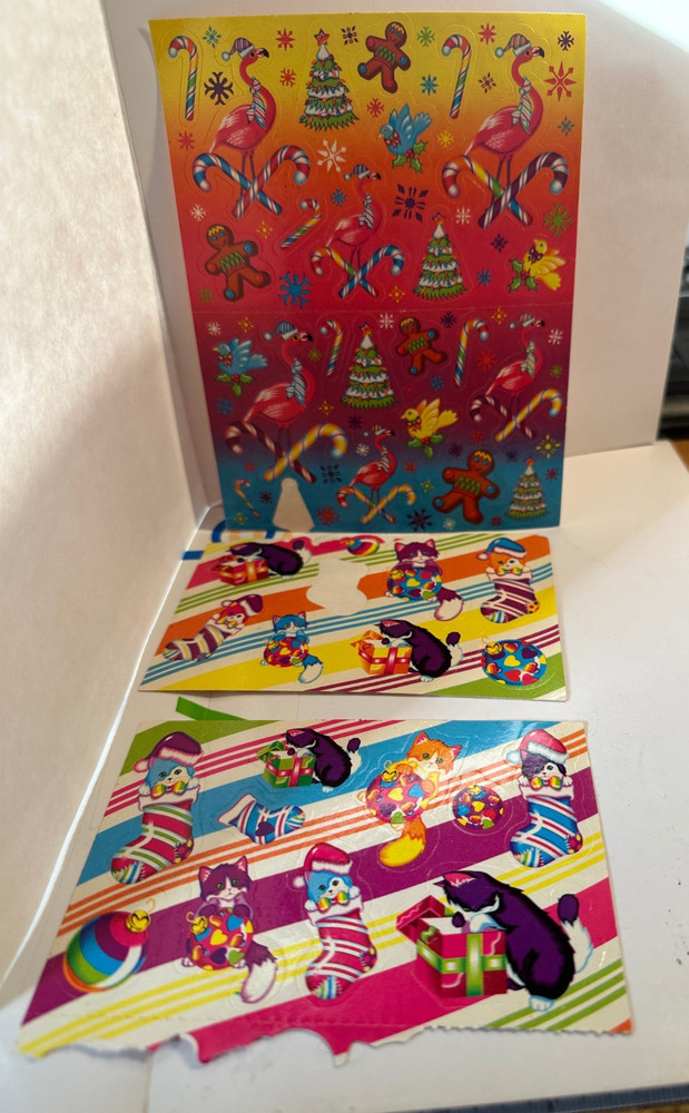 Vintage Lisa Frank Stickers Christmas Kittens Stockings Flamingos Used