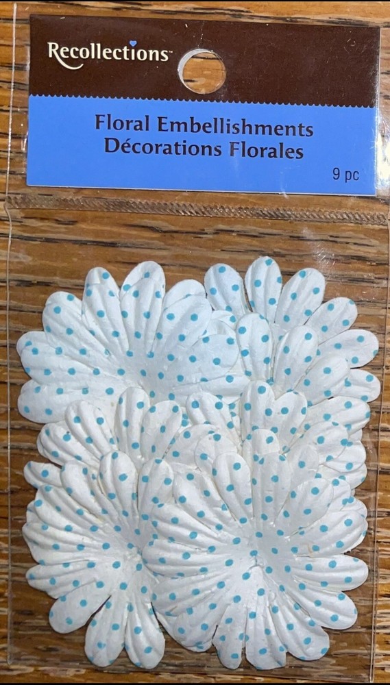 Recollections White Blue Polka Dots 12pc Floral Flowers Scrapbook Embellishments
