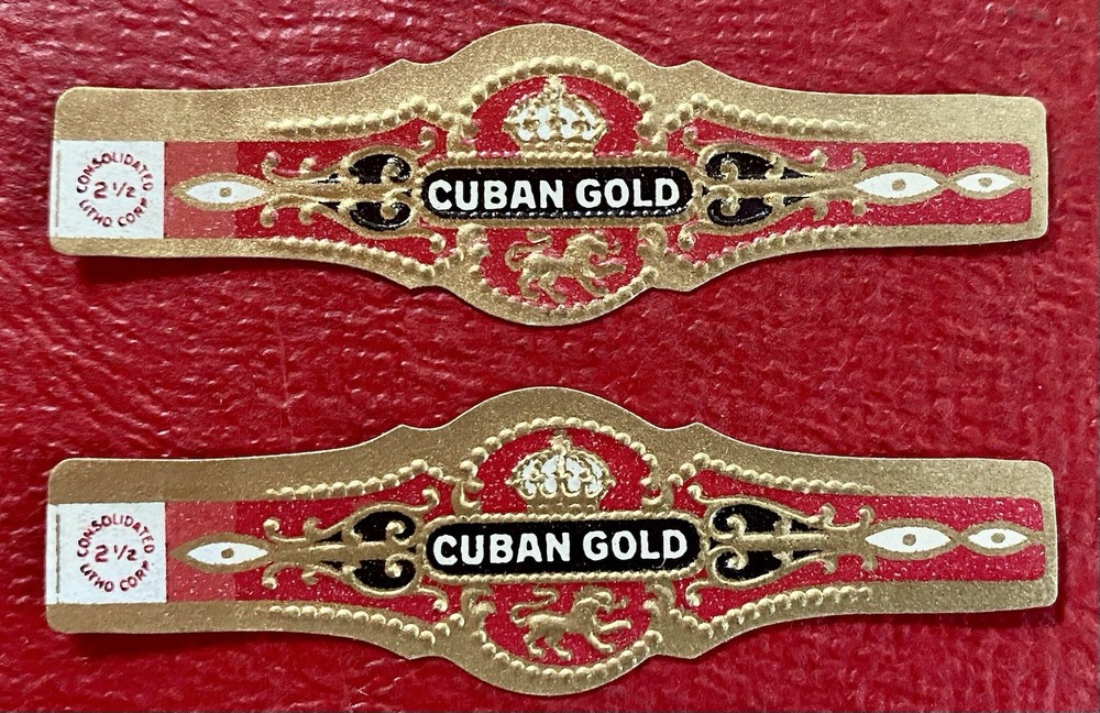 Set of 2 1920s Cuban Gold Cigar Bands – MINT New Old Stock – Unused Gold Gilt