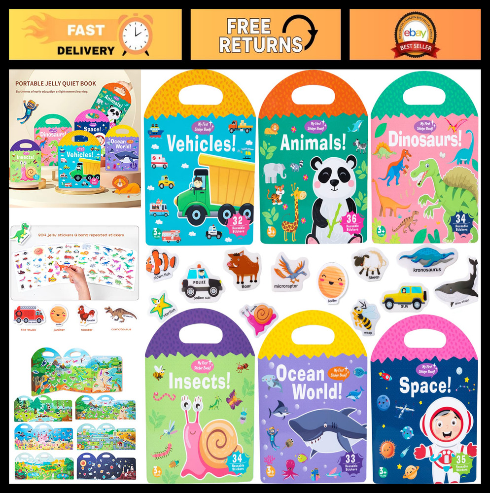 6 Pack Reusable Sticker Books for Toddlers 1-4 Years, Travel Activity Toys, Anim