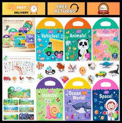 6 Pack Reusable Sticker Books for Toddlers 1-4 Years, Travel Activity Toys, Anim