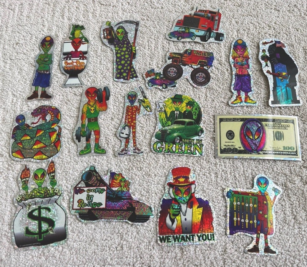 Lot of 16 Vtg 90’s Psychedelic Alien Prism Vending Machine Stickers NOS Holo