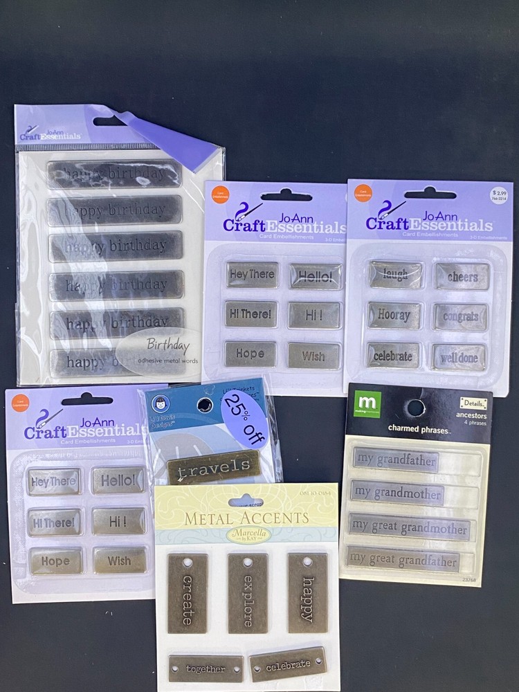 Metal Tags Embellishments Scrapbook Lot of 33 Words Sentiments Accents Adhesive