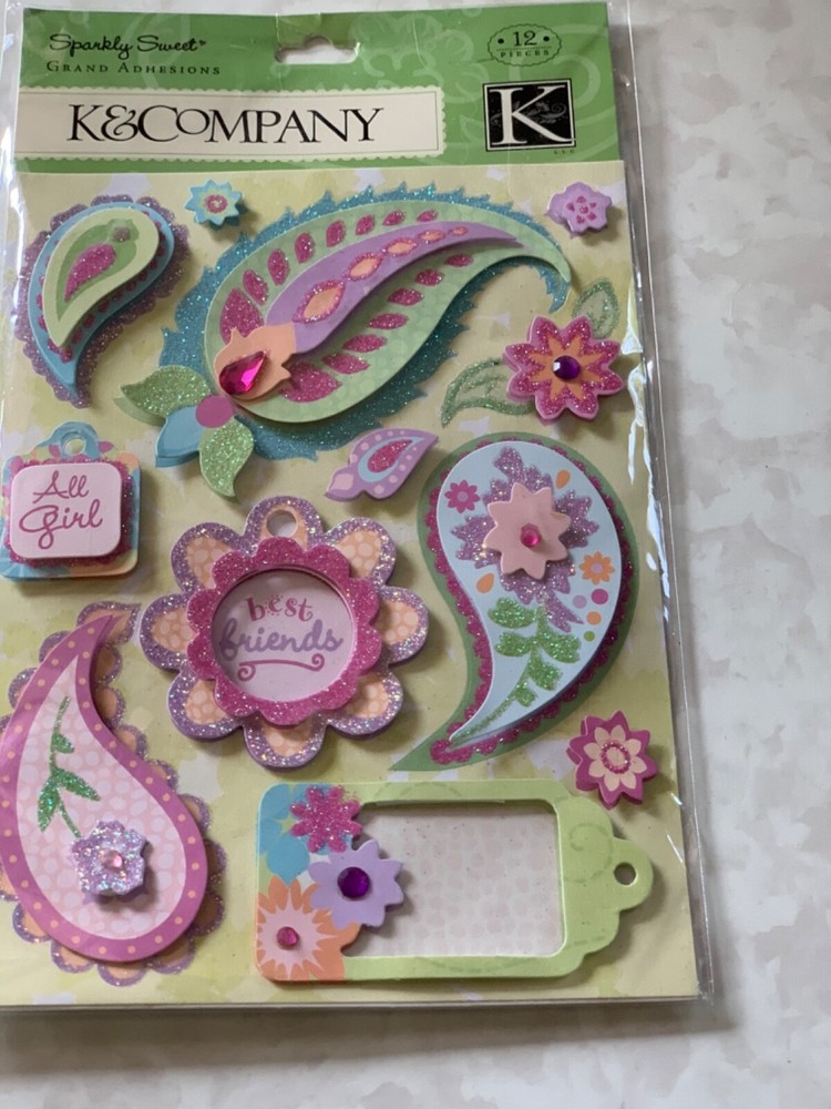 K&COMPANY 3D STICKERS SPARKLY SWEET SPARKLE PAISLEYS GLITTER FLOWERS & PAISLEYS