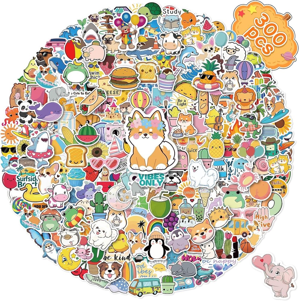 300 Pcs Vinyl Stickers Pack Waterproof Cute Decals for Water Bottle Laptop Kids