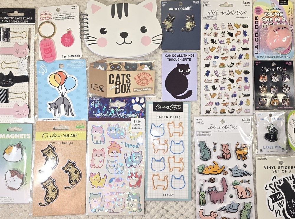 Cat Lover Gift Kittens HUGE NEW LOT Stickers Keychain Patches Notebook Charms