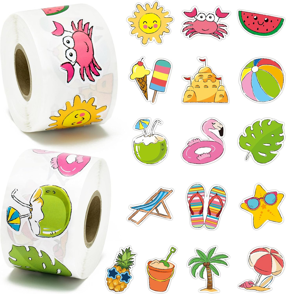 Summer Beach Roll Stickers – 1000Pcs Summer Beach Stickers in 2 Rolls Waterproof