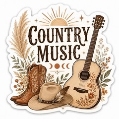Country Boho Sticker/Cowboy Boot/Hat/Guitar/Style 5