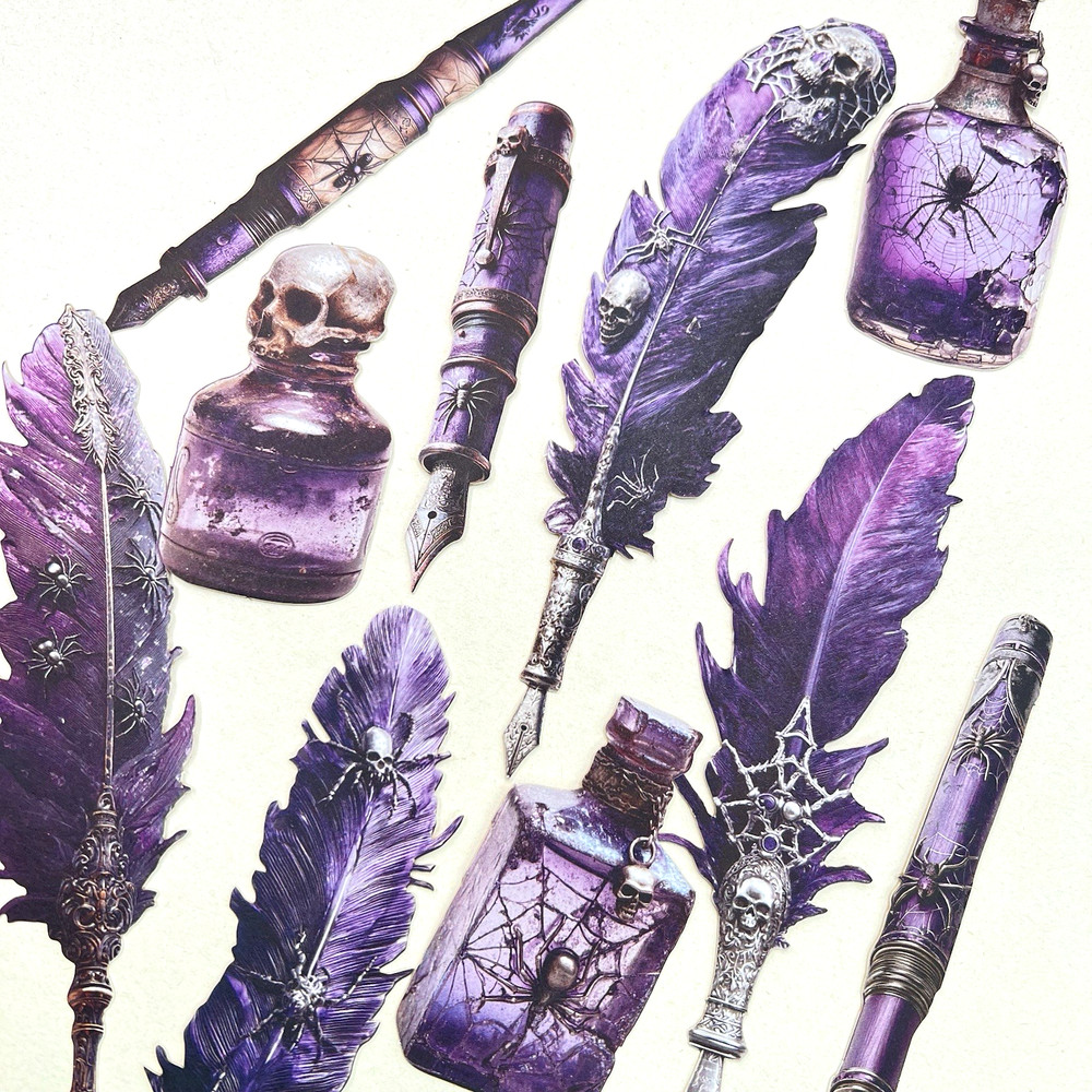 Gothic Feather Pen Ink Cardstock Stickers Purple Junk Journaling Collage