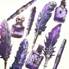 Gothic Feather Pen Ink Cardstock Stickers Purple Junk Journaling Collage