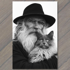 STICKER Retro Sailor Man Hugging White Cat Beard Old Maritime Portrait Cute