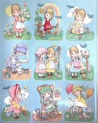 Vintage Gibson Greeting Sticker Sheet Sweet Little Girls In Bonnets Rainbow Blue
