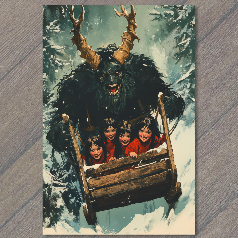 STICKER Krampus Sledding Kids Winter Christmas Horror Retro Holiday Creepy