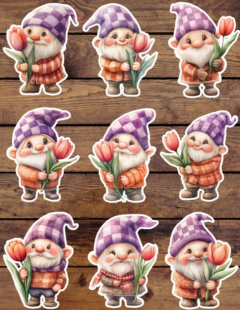 Pink Tulip Gnome Die Cut Vinyl Stickers Set Scrapbooking Laptop Waterbottle