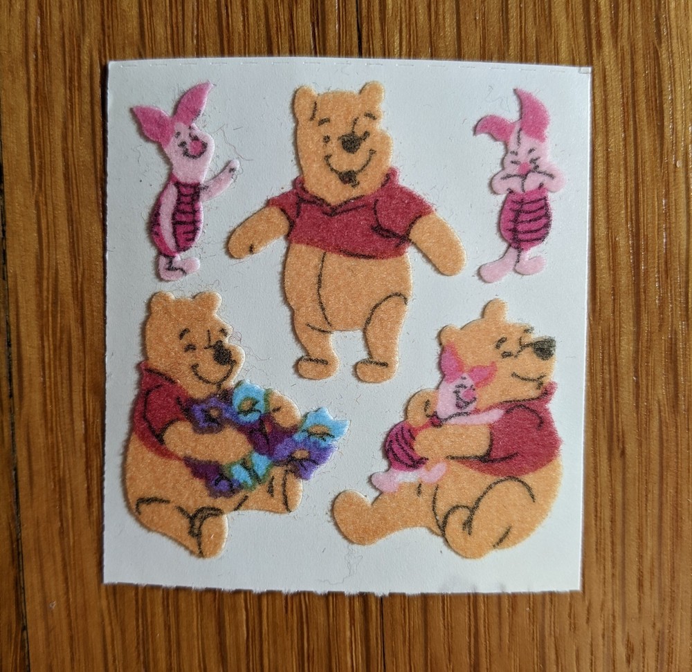 Vintage 1990s Winnie the Pooh Piglet Flocked Fuzzy Sandylion Stickers One Square