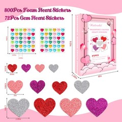 872 Pcs Valentines Heart Stickers, 3 Sizes 5 Colors Self-Adhesive Glitter Foa…