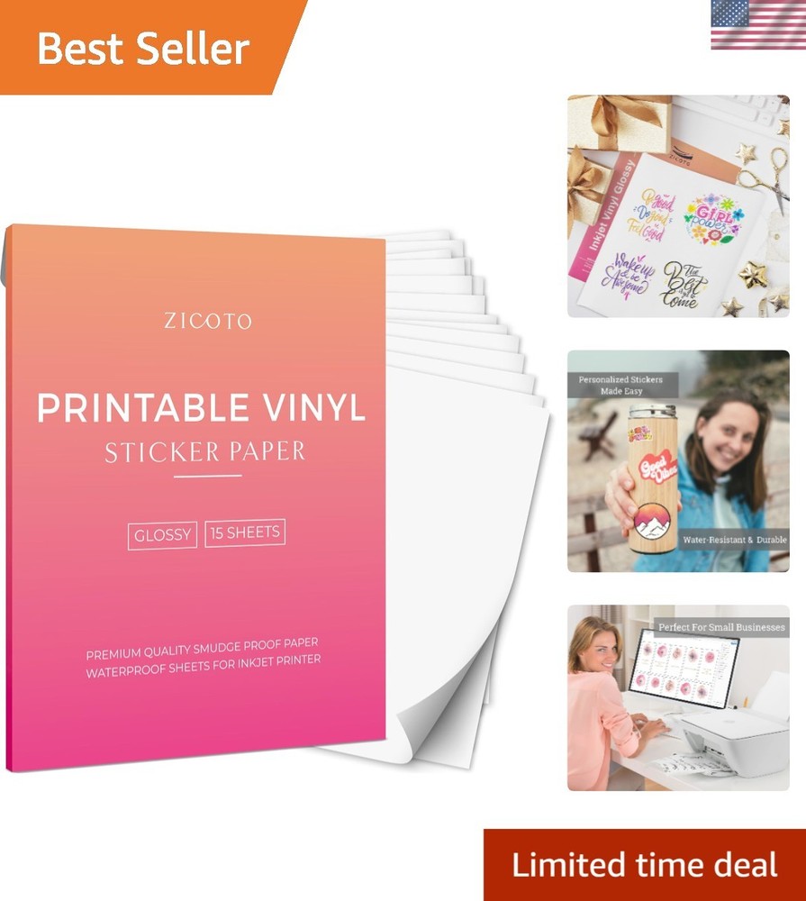 15 Quick-Dry Printable Vinyl Sheets for Inkjet & Laser Printers, Glossy White