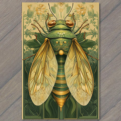 STICKER Green Gold Insect Botanic Wings Beetle Nature Pattern Garden Fantasy
