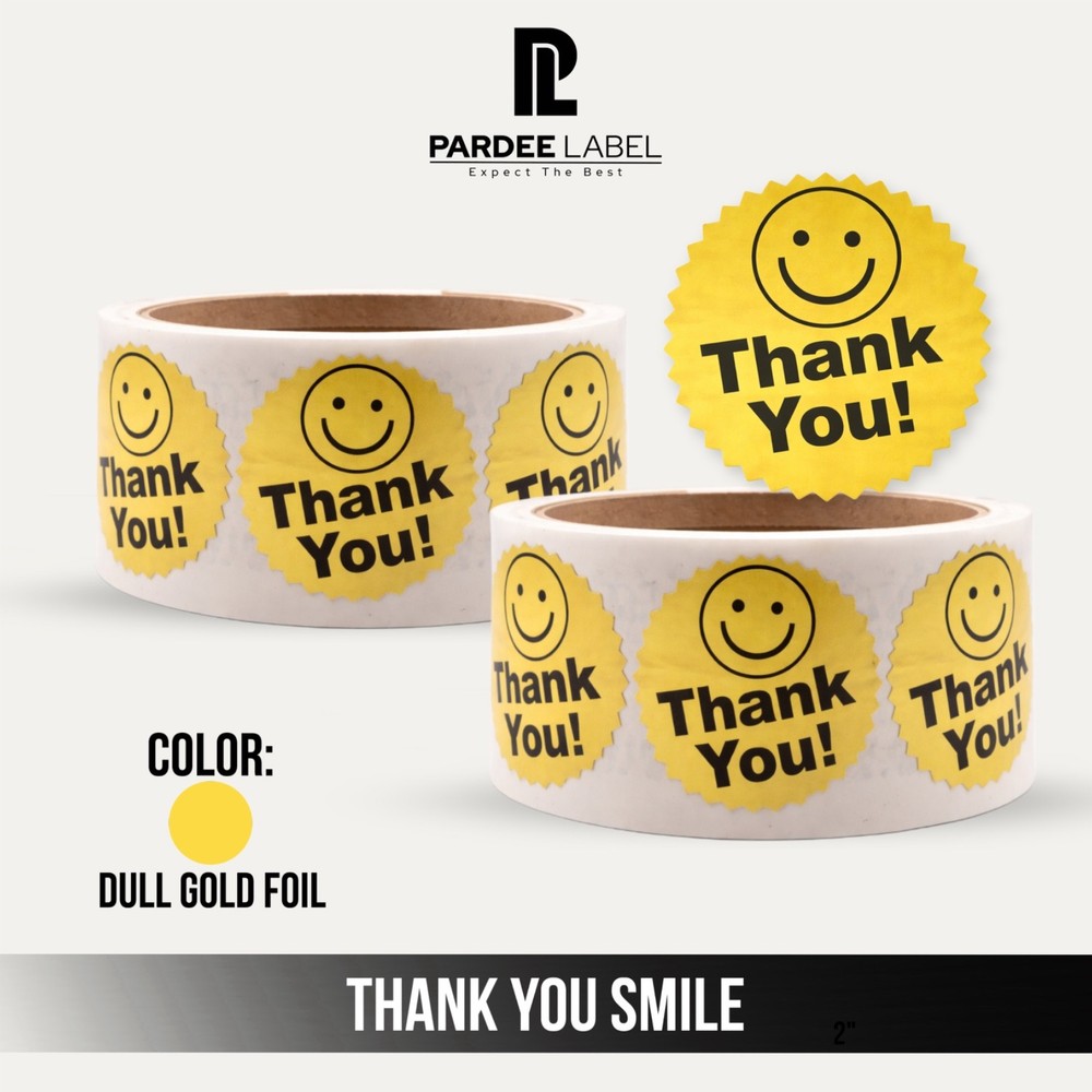 Gold Thank You Smile Starburst Stickers 2″ Foil 250/Roll Labels