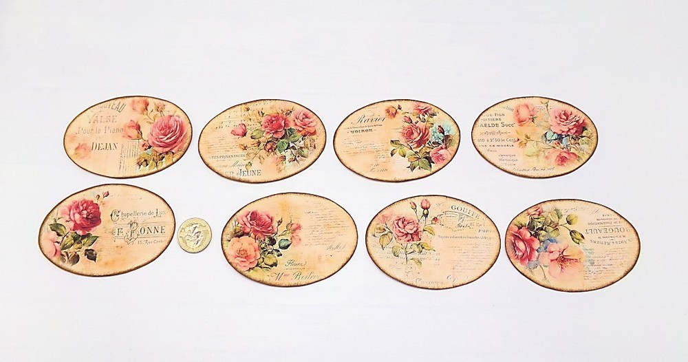 French-Roses-Ephemera-Linen Cardstock-Oval-Labels-Stickers-Set Of 8