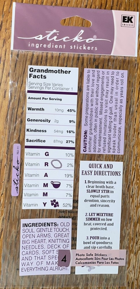 Sticko Grandmother Fact Labels Warmth Generosity Kindness Grandma Grammy Sticker