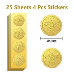 Gold Foil Stickers Seals Official Embossed Bee and Honeycomb 2 Inch 100Pcs, S…