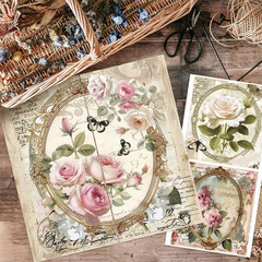 3Pcs/Set Rose Rub on Transfers for Furniture and Crafts 6X12 Inch Vintage Photo