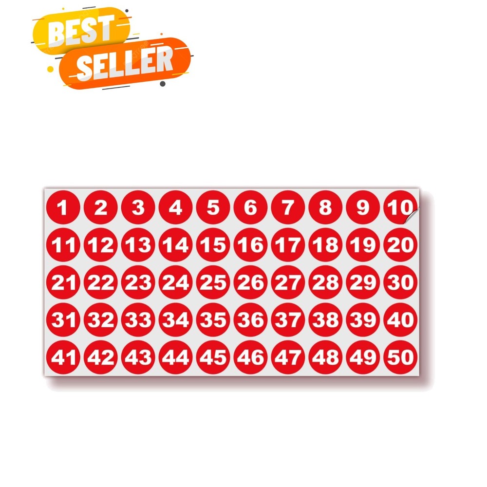 Red Consecutive Number Stickers – 1 to 50, 1-inch, 1 Set – Vinyl Self Adhesiv…