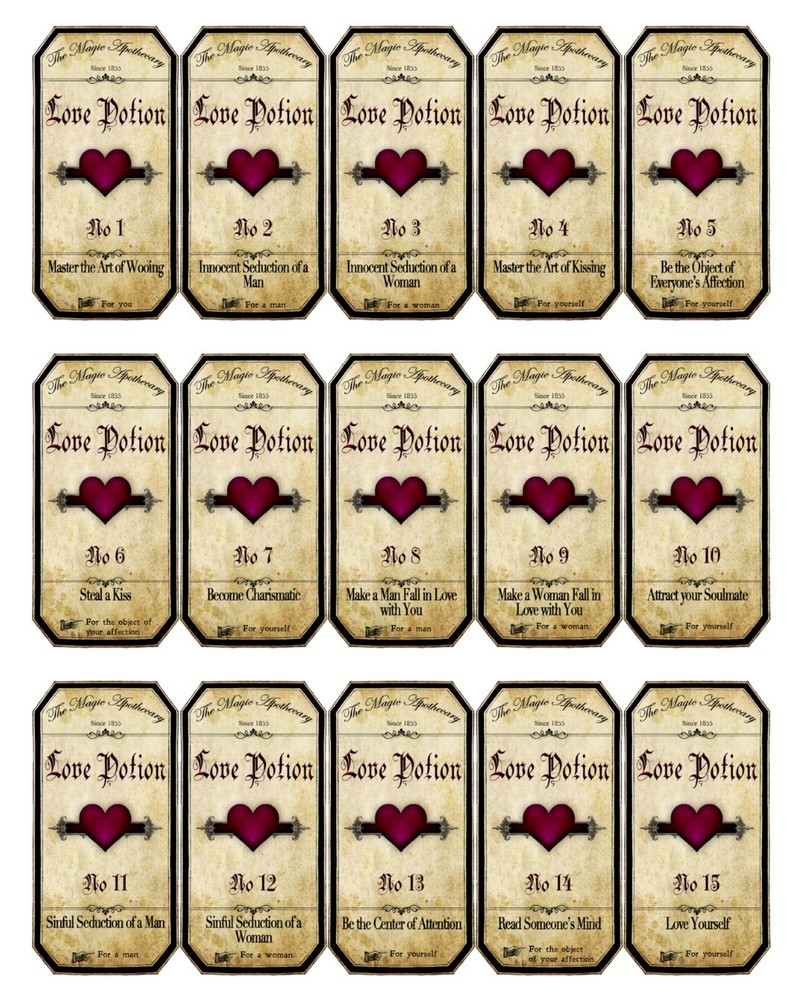 HALLOWEEN 15 LOVE POTIONS GLOSSY LAMINATED 3″ x 1 3/8″ CUT AND READY TO USE