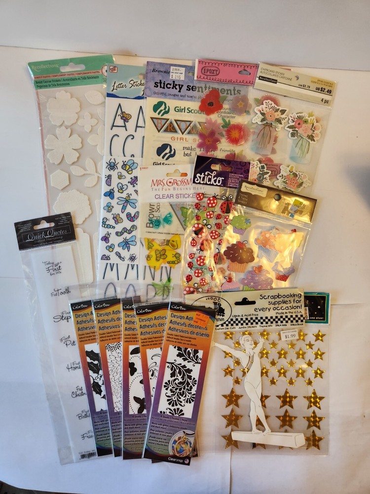 Lot of 16 Packages of Scrapbook Stickers Flowers Girl Scouts Ladybugs Stars New