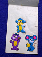 THREE VINTAGE ANIMAL GOOGLE EYES PUFFY STICKERS cat puppy mouse 1970’s 1.5 inch