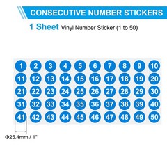 1 to 50 Number Stickers 1 Inch, Consecutive Vinyl Round Labels Dot Decals, Blue