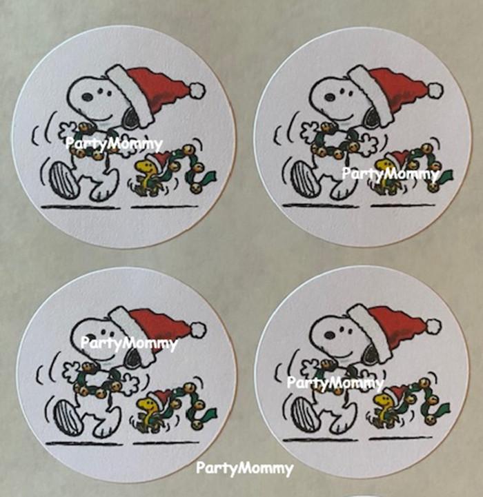 SNOOPY CHRISTMAS STICKERS, ENVELOPE SEALS, LABELS, 1.5″, (30) ROUND, TAGS