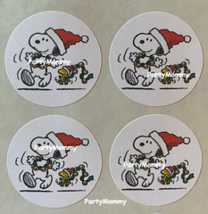 SNOOPY CHRISTMAS STICKERS, ENVELOPE SEALS, LABELS, 1.5″, (30) ROUND, TAGS