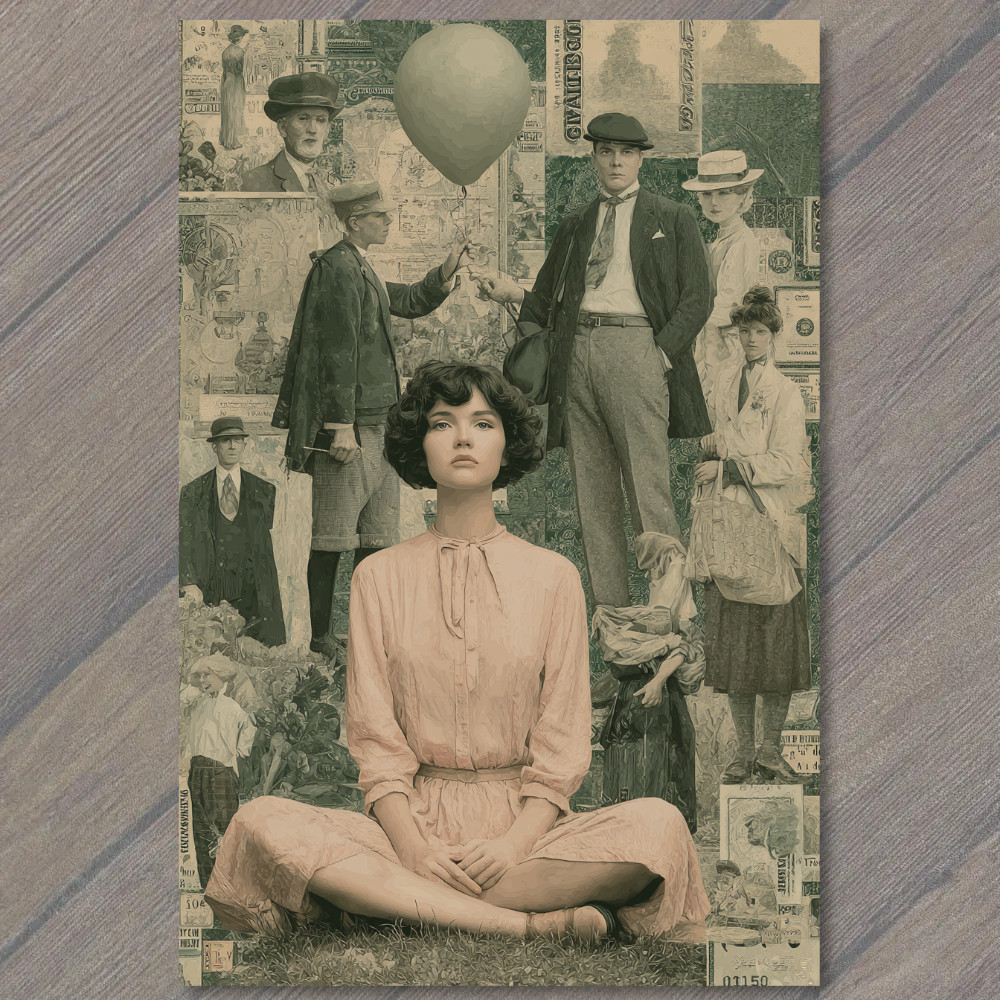 STICKER Surreal Collage Woman Seated Balloon Dreamlike Portrait Figure