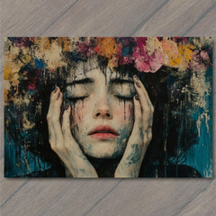 STICKER Sad Female Portrait Flowers Hair Dripping Paint Surreal Emotive Art